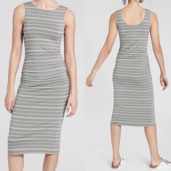 Athleta Comeback Tank Midi Dress Gray White Stripe Ruching Size L - Picture 1 of 9